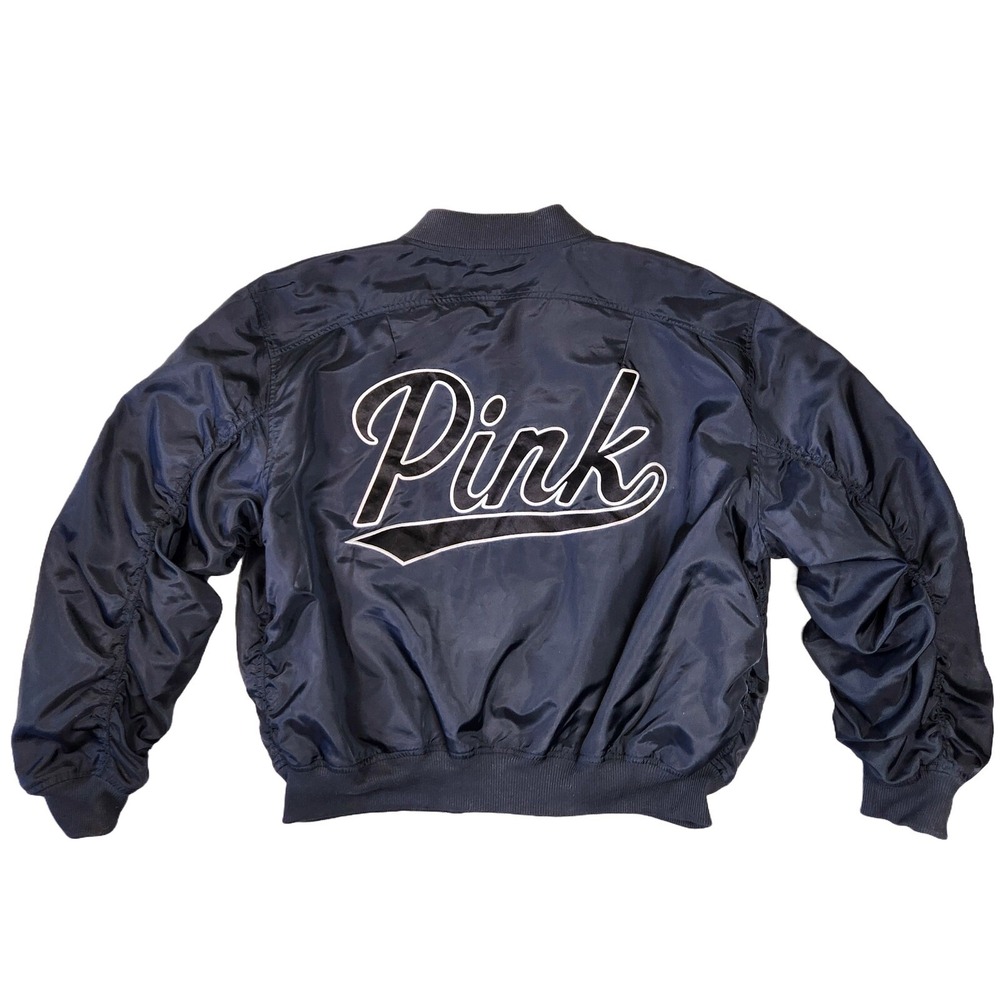 Y2k PINK Victorias Secret Bomber Jacket Womens M Zip Embroidered Preppy Girly